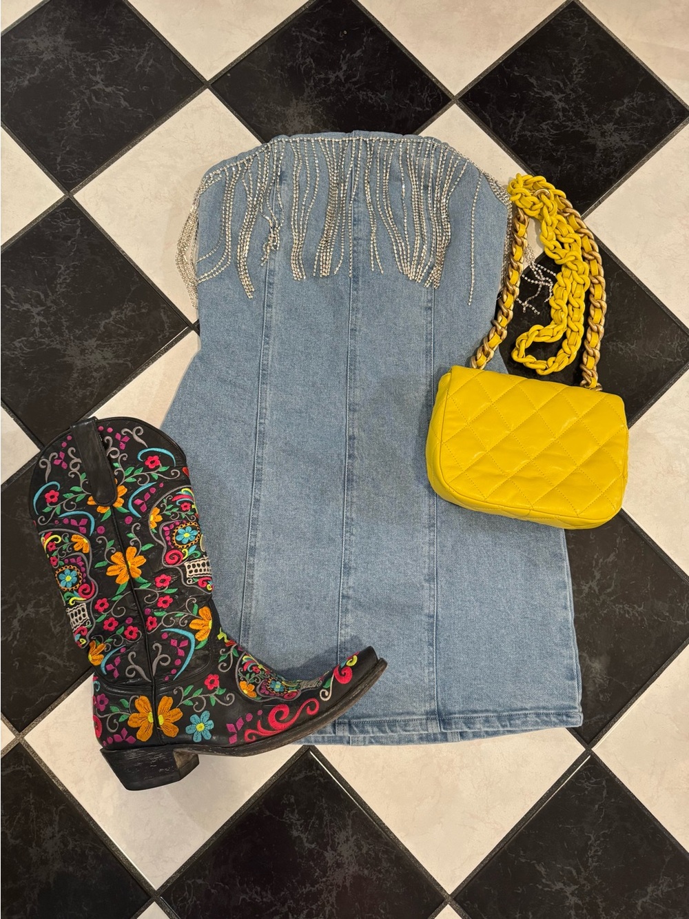 12th Tribe Denim Mini Dress with Rhinestone Fringe